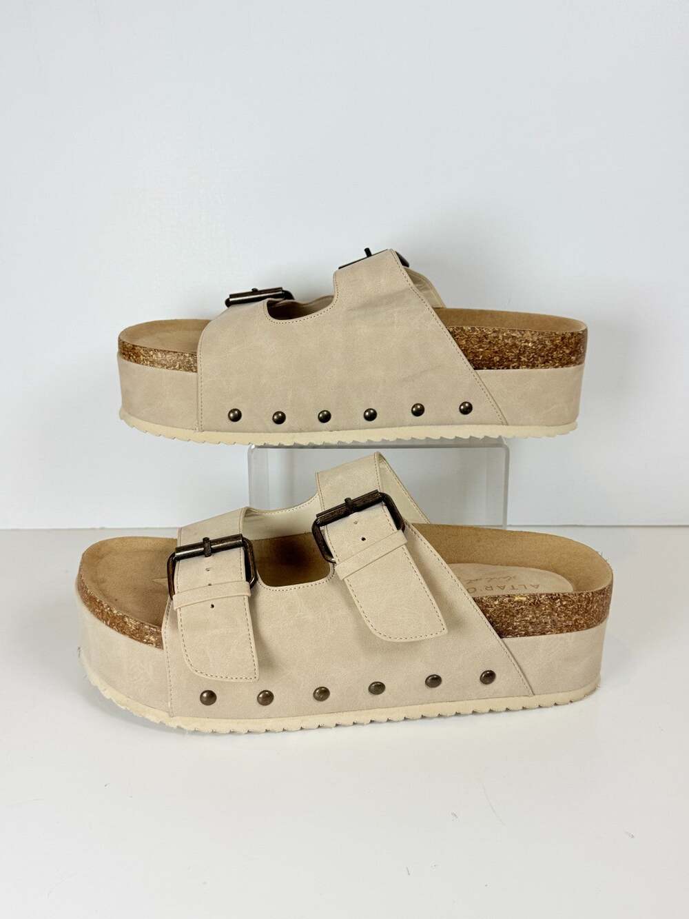 Altar'd State Womens 7.5 Beige Platform Slide Sandals Double Buckle Studded